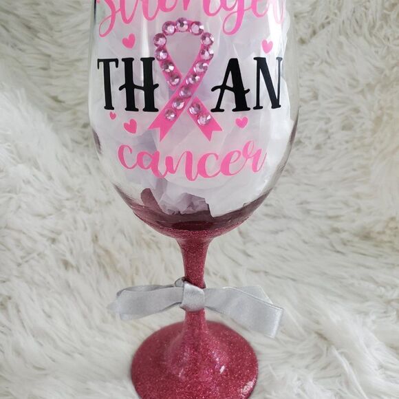 Breast Cancer Wine Glass, Pink Rhinestone Tumbler - Picture 7 of 8